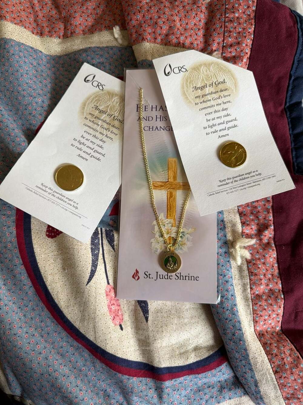 Catholic Religious Gift Set St. Jude Shrine and Two CRS Guardian Angel Tokens
